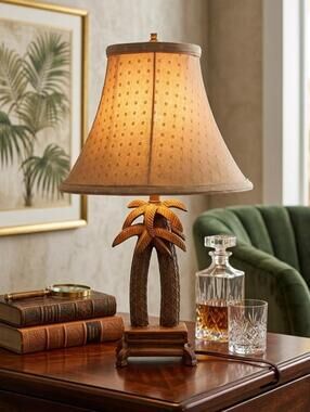 Vintage Tropical Palm Tree Table Lamp Coastal Tiki Decor With Shade Working16"